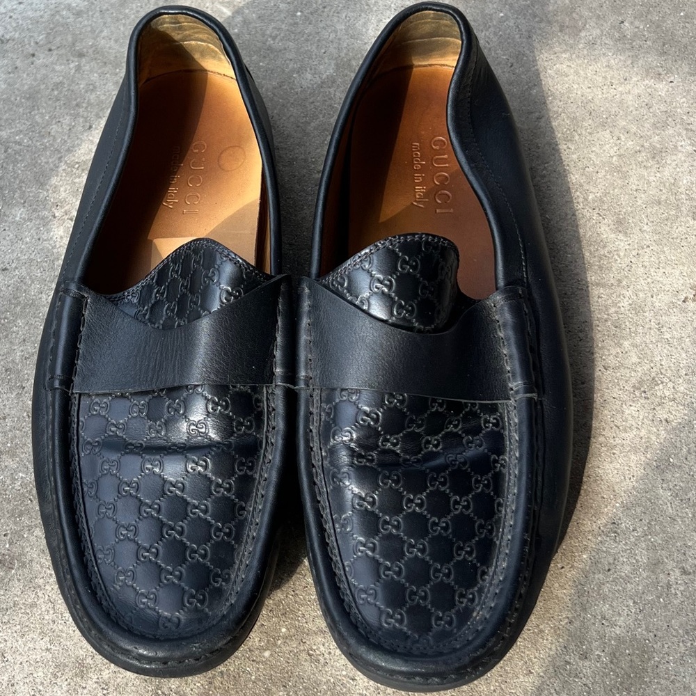 Gucci Authentic Embossed Black Leather Slip-On Loafers Men’s Sz 8.5